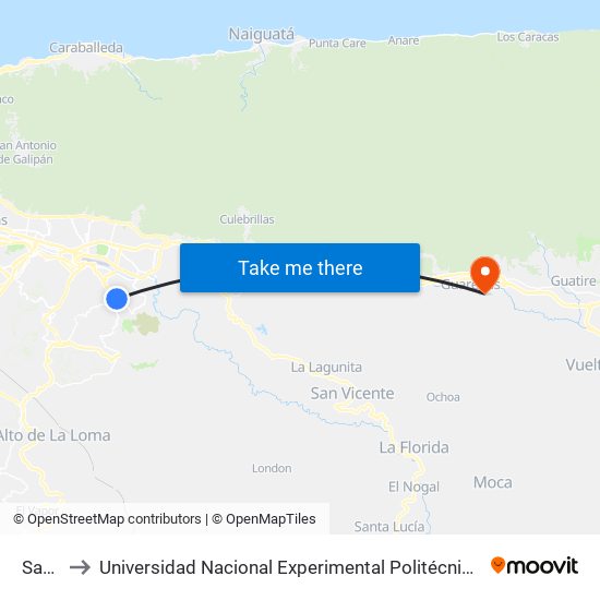 Santa Ana to Universidad Nacional Experimental Politécnica "Antonio José de Sucre" (UNEXPO) - Sede Guarenas map