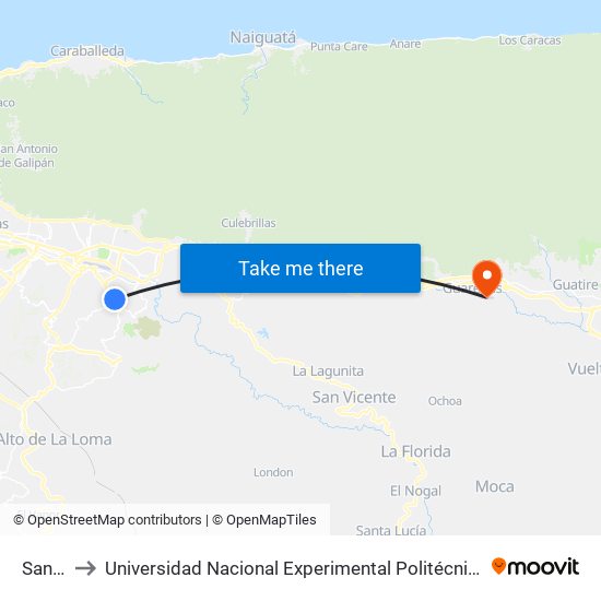 Santa Paula to Universidad Nacional Experimental Politécnica "Antonio José de Sucre" (UNEXPO) - Sede Guarenas map