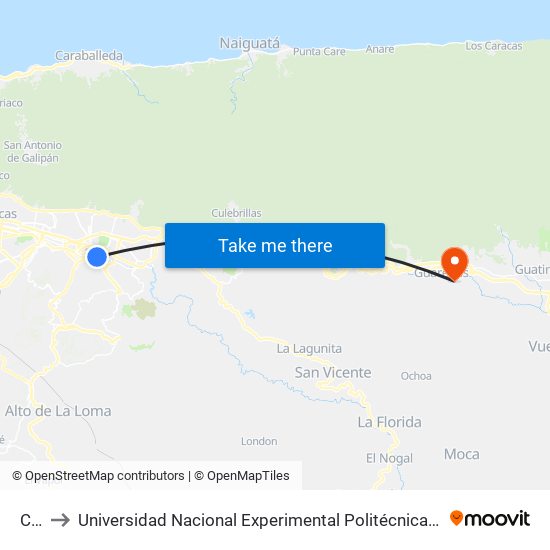 Chuao to Universidad Nacional Experimental Politécnica "Antonio José de Sucre" (UNEXPO) - Sede Guarenas map