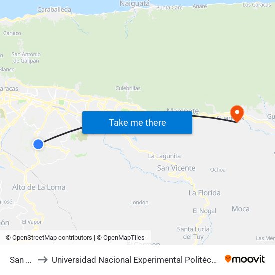 San Sebastián to Universidad Nacional Experimental Politécnica "Antonio José de Sucre" (UNEXPO) - Sede Guarenas map