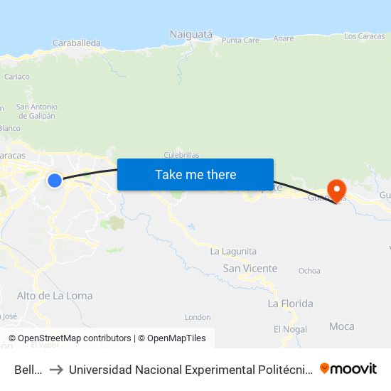 Bello Monte to Universidad Nacional Experimental Politécnica "Antonio José de Sucre" (UNEXPO) - Sede Guarenas map