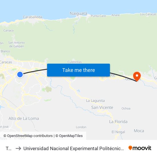 Tocuyo to Universidad Nacional Experimental Politécnica "Antonio José de Sucre" (UNEXPO) - Sede Guarenas map