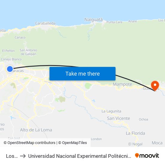 Los Robles to Universidad Nacional Experimental Politécnica "Antonio José de Sucre" (UNEXPO) - Sede Guarenas map