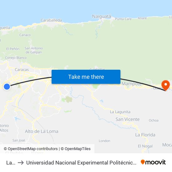 La Vega to Universidad Nacional Experimental Politécnica "Antonio José de Sucre" (UNEXPO) - Sede Guarenas map
