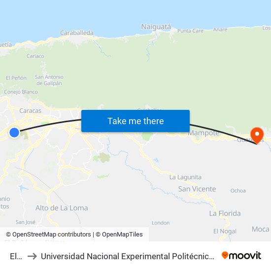 El Pinar to Universidad Nacional Experimental Politécnica "Antonio José de Sucre" (UNEXPO) - Sede Guarenas map