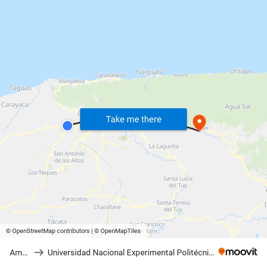 Ambulatorio to Universidad Nacional Experimental Politécnica "Antonio José de Sucre" (UNEXPO) - Sede Guarenas map