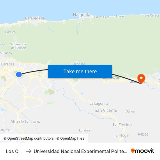 Los Charaguamos to Universidad Nacional Experimental Politécnica "Antonio José de Sucre" (UNEXPO) - Sede Guarenas map