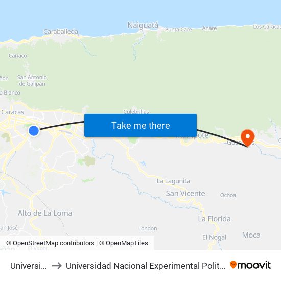 Universidad Bolivariana to Universidad Nacional Experimental Politécnica "Antonio José de Sucre" (UNEXPO) - Sede Guarenas map
