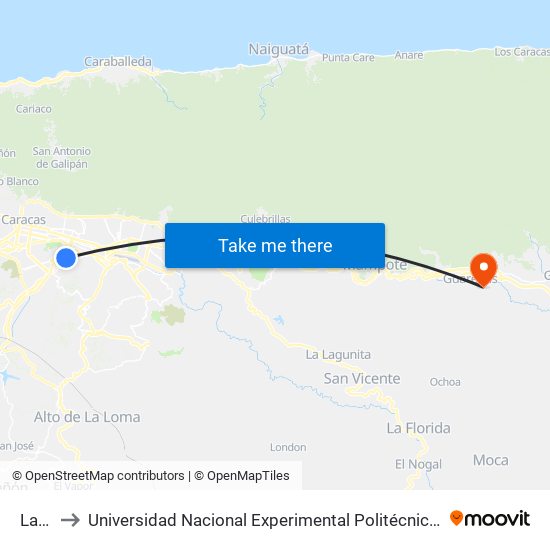 La Colina to Universidad Nacional Experimental Politécnica "Antonio José de Sucre" (UNEXPO) - Sede Guarenas map