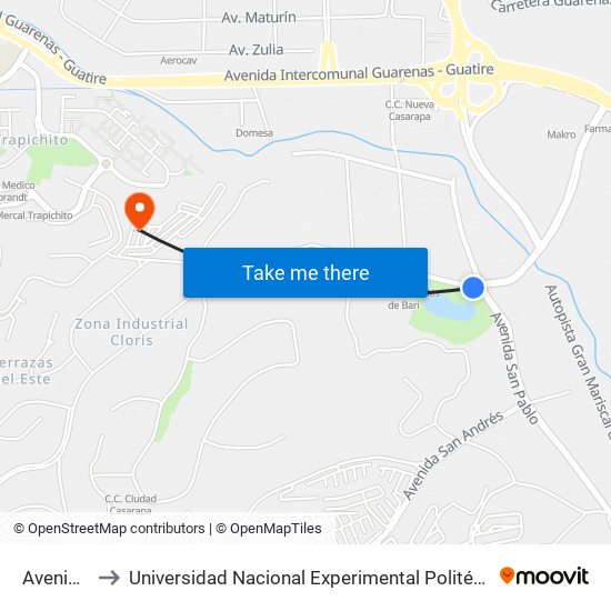 Avenida San Pablo to Universidad Nacional Experimental Politécnica "Antonio José de Sucre" (UNEXPO) - Sede Guarenas map