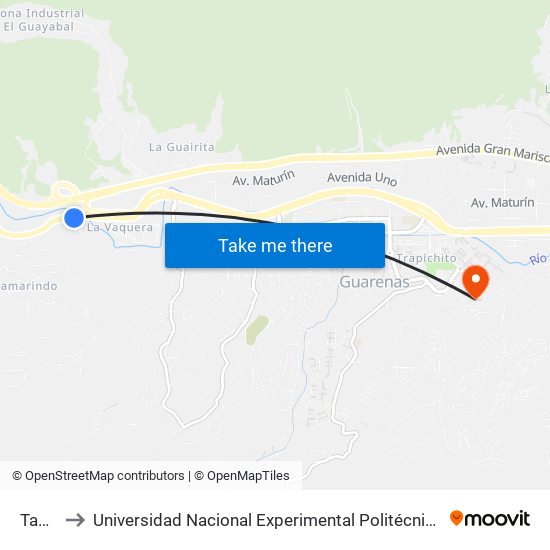 Tamarindo to Universidad Nacional Experimental Politécnica "Antonio José de Sucre" (UNEXPO) - Sede Guarenas map