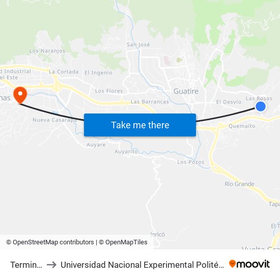 Terminal Las Rosas to Universidad Nacional Experimental Politécnica "Antonio José de Sucre" (UNEXPO) - Sede Guarenas map