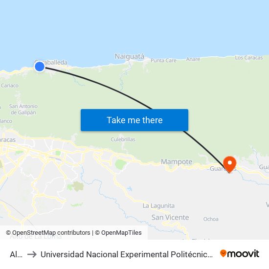 Alibaba to Universidad Nacional Experimental Politécnica "Antonio José de Sucre" (UNEXPO) - Sede Guarenas map