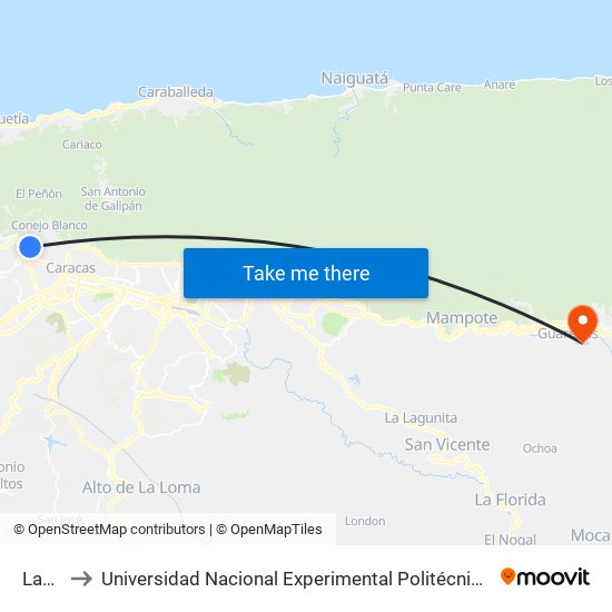 Las Tunas to Universidad Nacional Experimental Politécnica "Antonio José de Sucre" (UNEXPO) - Sede Guarenas map