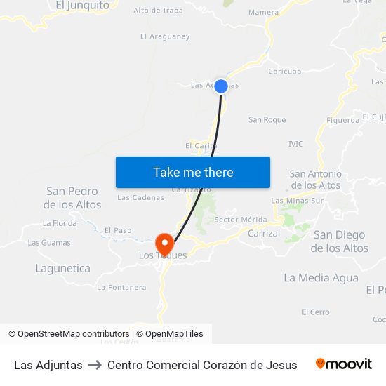 Las Adjuntas to Centro Comercial Corazón de Jesus map