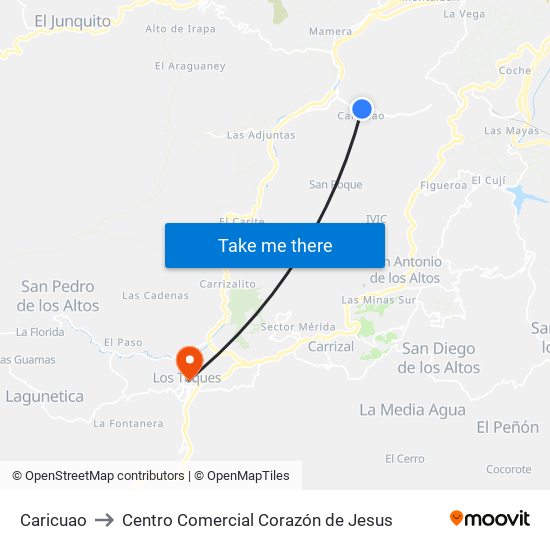 Caricuao to Centro Comercial Corazón de Jesus map