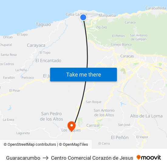 Guaracarumbo to Centro Comercial Corazón de Jesus map