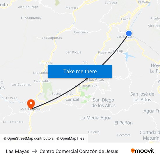 Las Mayas to Centro Comercial Corazón de Jesus map