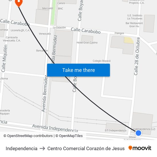 Independencia to Centro Comercial Corazón de Jesus map