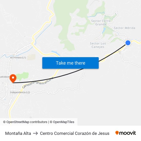 Montaña Alta to Centro Comercial Corazón de Jesus map