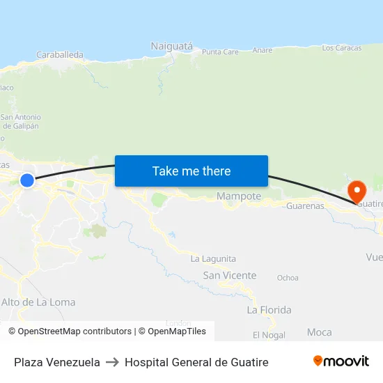 Plaza Venezuela to Hospital General de Guatire map