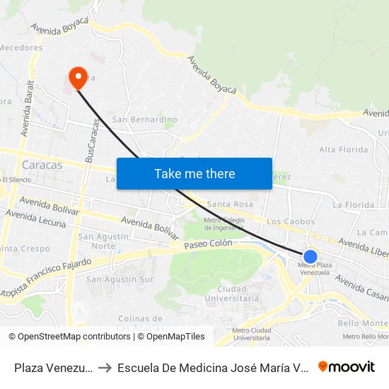 Plaza Venezuela to Escuela De Medicina José María Vargas map