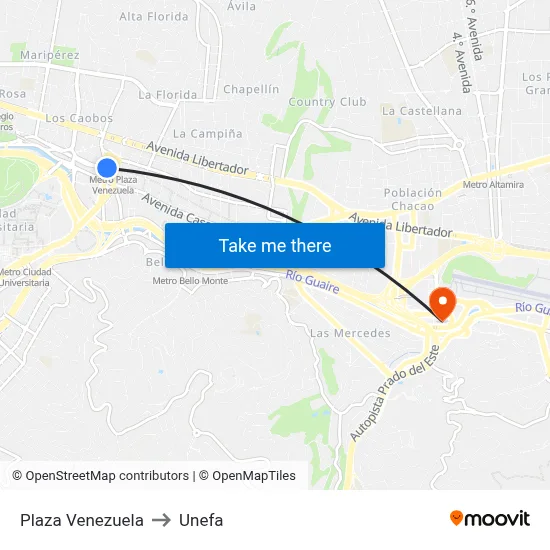 Plaza Venezuela to Unefa map