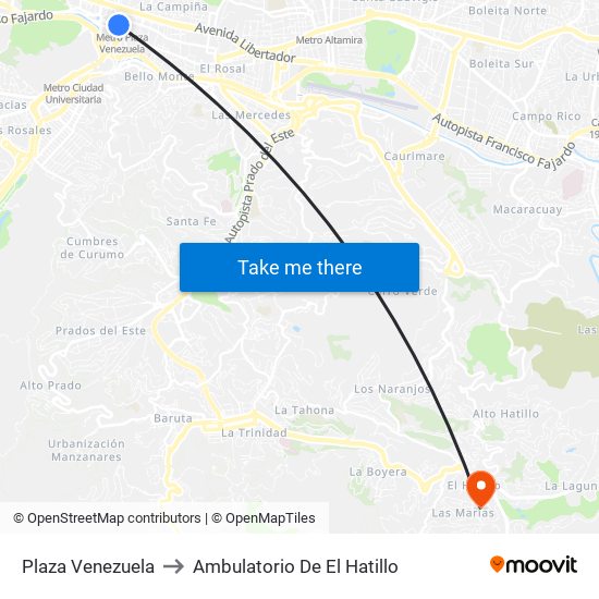 Plaza Venezuela to Ambulatorio De El Hatillo map