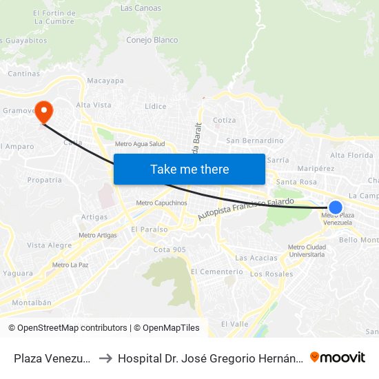 Plaza Venezuela to Hospital Dr. José Gregorio Hernández map