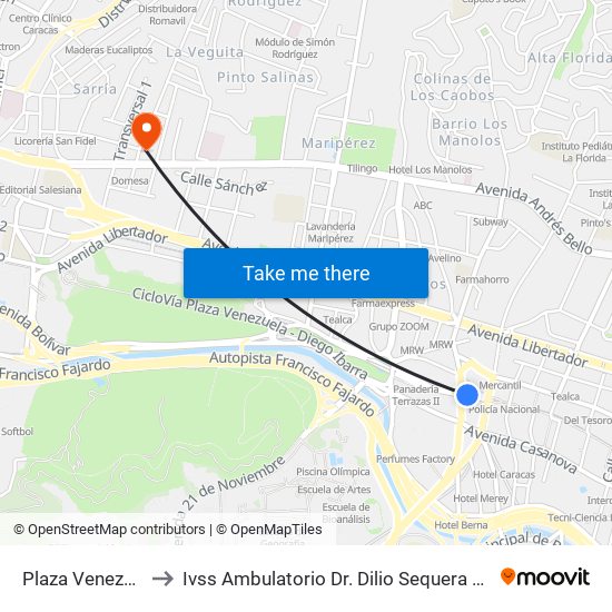 Plaza Venezuela to Ivss Ambulatorio Dr. Dilio Sequera Peraza map