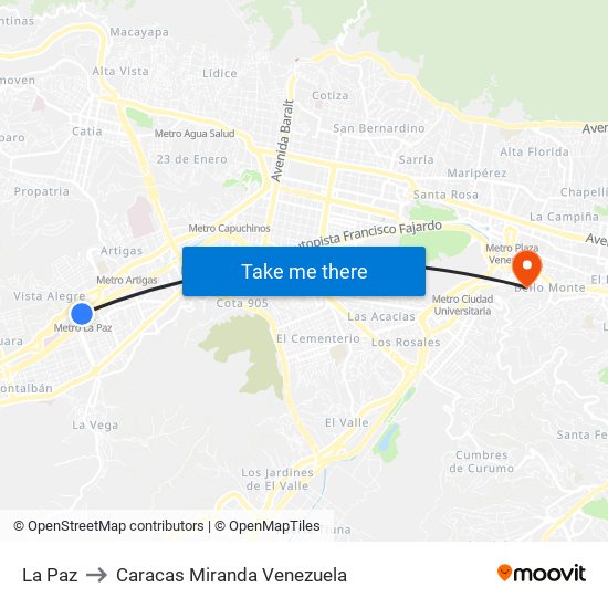La Paz to Caracas Miranda Venezuela map