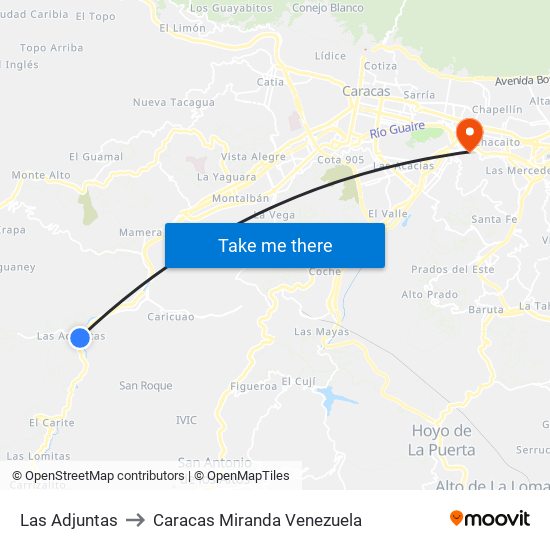 Las Adjuntas to Caracas Miranda Venezuela map