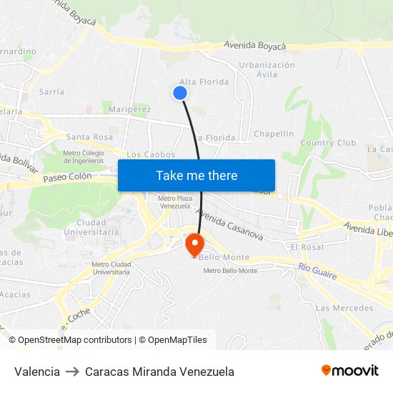 Valencia to Caracas Miranda Venezuela map