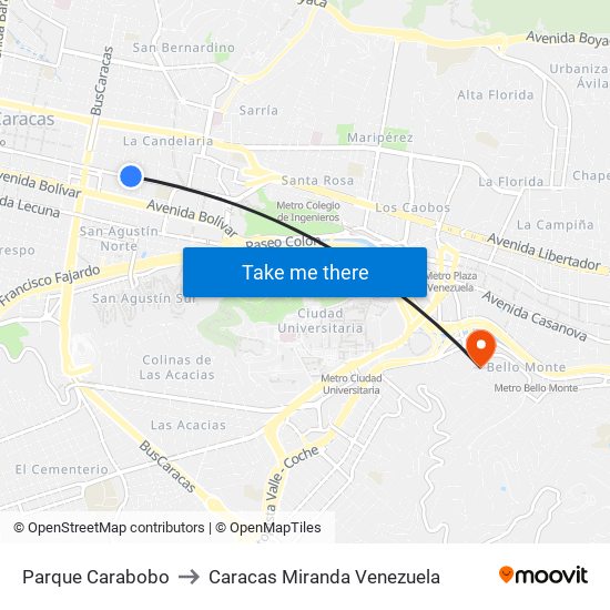 Parque Carabobo to Caracas Miranda Venezuela map