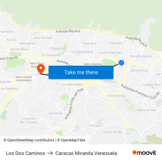 Los Dos Caminos to Caracas Miranda Venezuela map