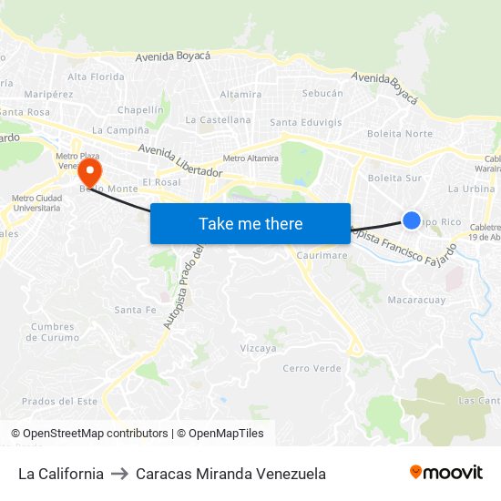 La California to Caracas Miranda Venezuela map