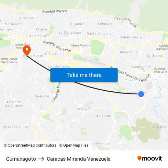 Cumanagoto to Caracas Miranda Venezuela map