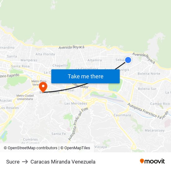 Sucre to Caracas Miranda Venezuela map