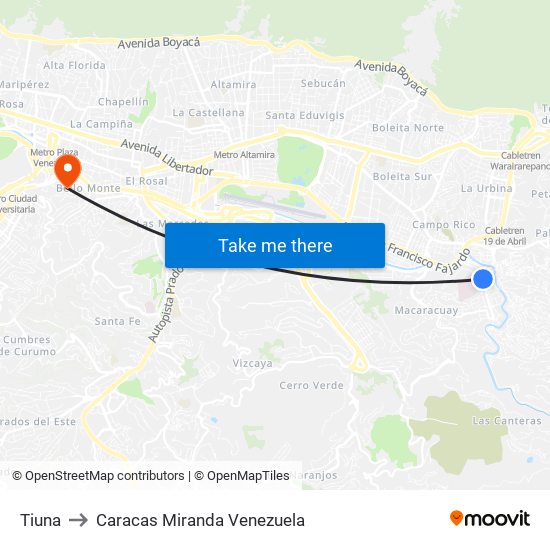 Tiuna to Caracas Miranda Venezuela map