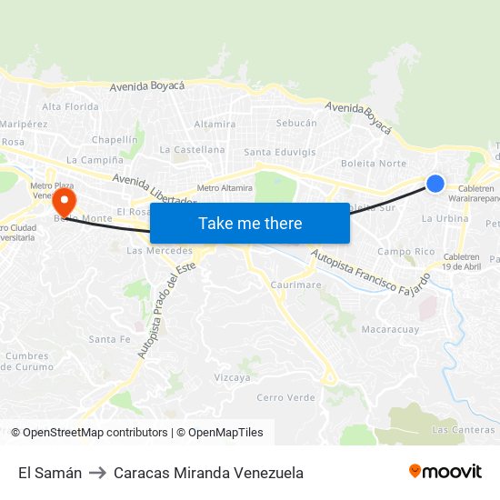 El Samán to Caracas Miranda Venezuela map