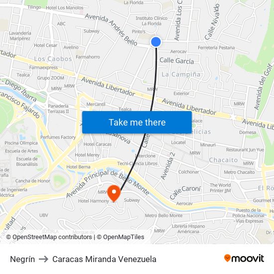 Negrín to Caracas Miranda Venezuela map