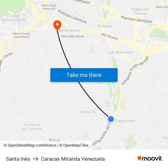 Santa Inés to Caracas Miranda Venezuela map