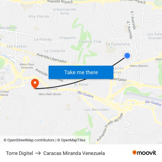 Torre Digitel to Caracas Miranda Venezuela map