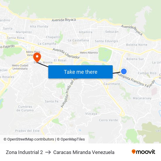 Zona Industrial 2 to Caracas Miranda Venezuela map