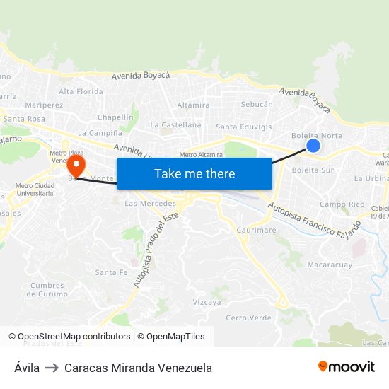 Ávila to Caracas Miranda Venezuela map