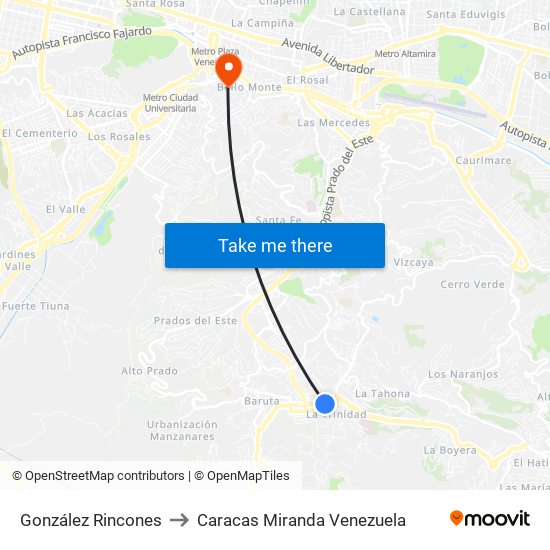 González Rincones to Caracas Miranda Venezuela map