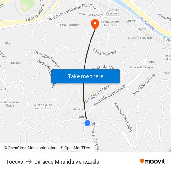 Tocuyo to Caracas Miranda Venezuela map