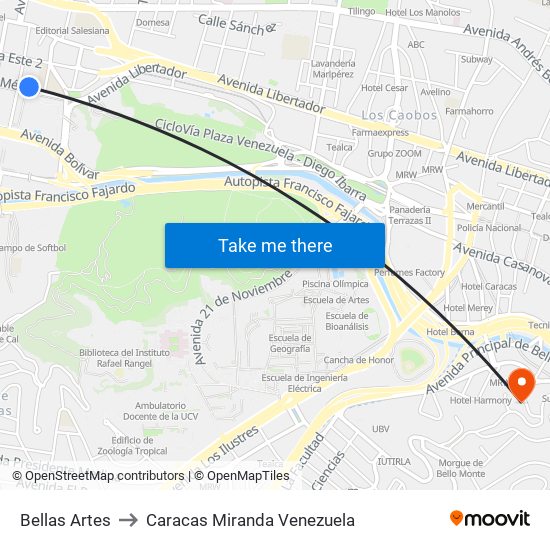 Bellas Artes to Caracas Miranda Venezuela map