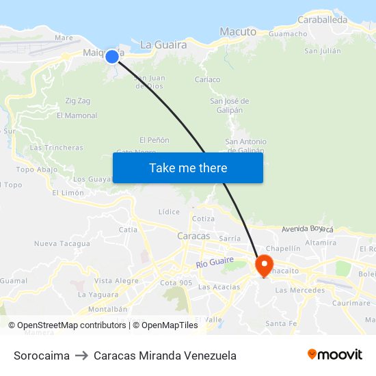Sorocaima to Caracas Miranda Venezuela map