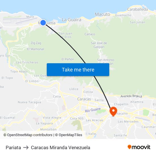 Pariata to Caracas Miranda Venezuela map